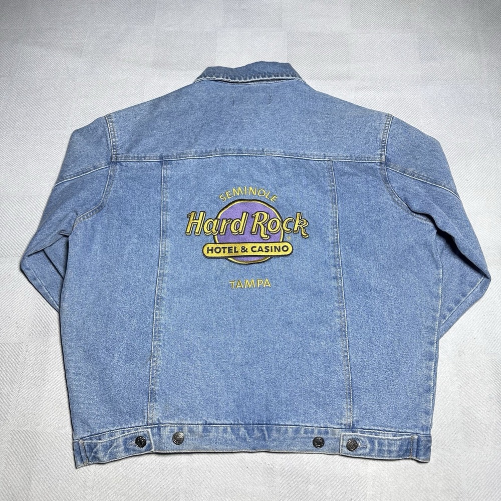 Hard Rock Hotel Casino Denim Trucker Jacket Mens L Seminole‎ Tampa Embroidered